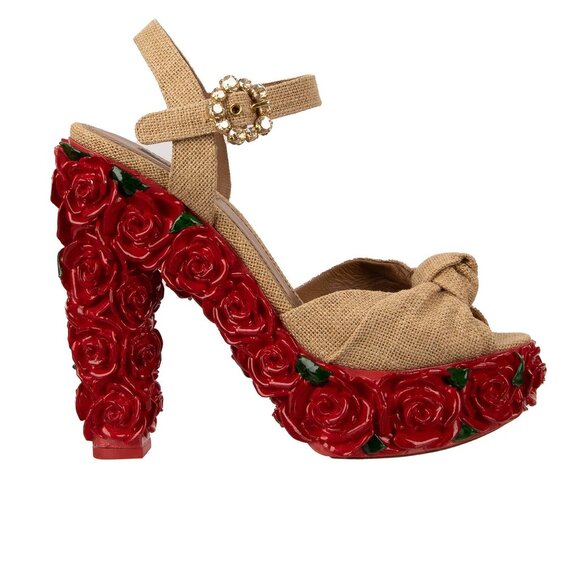 Dolce & Gabbana - Rose Flower Platform Sandals BIANCA with Crystal Buckle Red Be - Picture 1 of 5